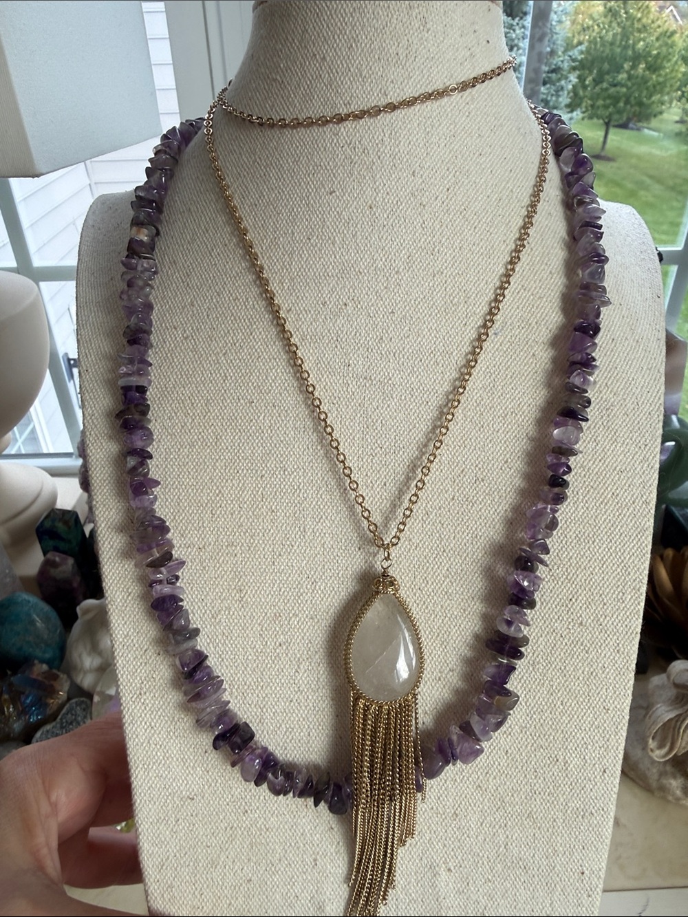Amethyst Gold Tassel Pendant Necklace with Purple Amethyst Chip Beads